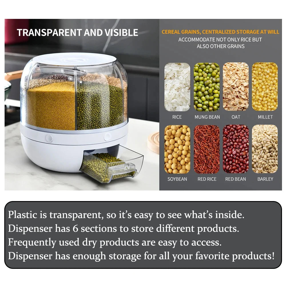 Kitchen Grain Storage Container Dispenser, 360 ° Rotation, One Click Output, 6-cell Storage, Suitable For, Beans, and Rice