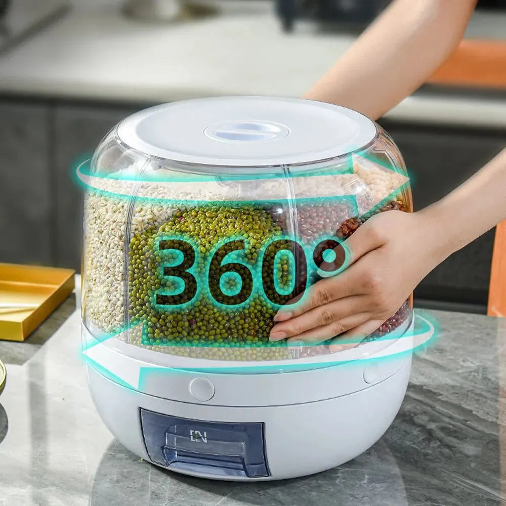 Kitchen Grain Storage Container Dispenser, 360 ° Rotation, One Click Output, 6-cell Storage, Suitable For, Beans, and Rice