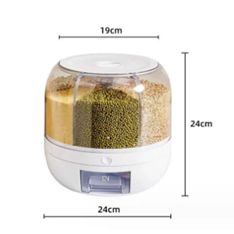 Kitchen Grain Storage Container Dispenser, 360 ° Rotation, One Click Output, 6-cell Storage, Suitable For, Beans, and Rice