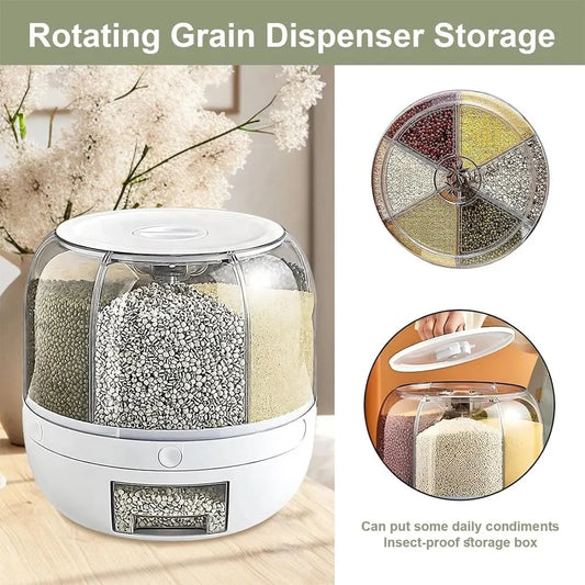 Kitchen Grain Storage Container Dispenser, 360 ° Rotation, One Click Output, 6-cell Storage, Suitable For, Beans, and Rice